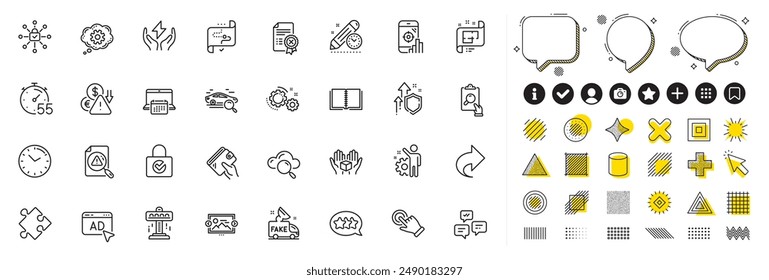 Conjunto de iconos de línea de computación de Seo, Cogwheel y Cloud para el App de Web. Elementos de diseño, íconos de medios sociales. Cifrado de Contraseña, Compartir, iconos de deflación. Vector