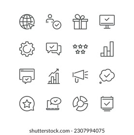 Set of seo and promotion related icons, data, market, analysis, feedback, optimization, target, website stats and linear variety vectors.