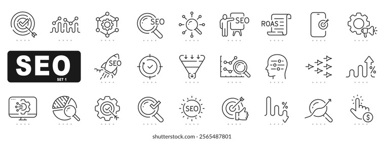 Set of seo related line icons. Search, marketing, research, optimize etc. Editable stroke.