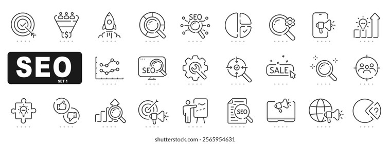 Set of seo related line icons. Search, marketing, research, optimize etc. Editable stroke. Set 2