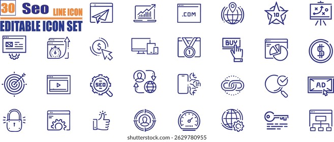  Conjunto de ícones de linha relacionados a seo. Apresenta ícones editáveis para SEO, otimização de mecanismos de pesquisa, marketing digital, marketing de conteúdo e otimização de sites.