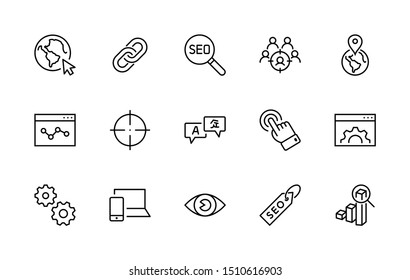 Set of SEO Related Vector Line Icons. Contains such Symbols as Web icon, Eye, Localization, Link,  Traffic, Translate, Performance Tracking, Point and more. Editable Stroke. 32x32 Pixel Perfect