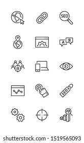 Set of SEO Related Vector Line Icons. Contains such Symbols as Web icon, Eye, Localization, Link,  Traffic, Translate, Performance Tracking, Point and more. Editable Stroke. 32x32 Pixel Perfect