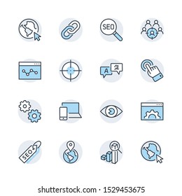 Set of SEO Related Vector Line Icons. Contains such Symbols as Web icon, Eye, Localization, Link,  Traffic, Translate, Performance Tracking, Point and more. Editable Stroke. 32x32 Pixel Perfect