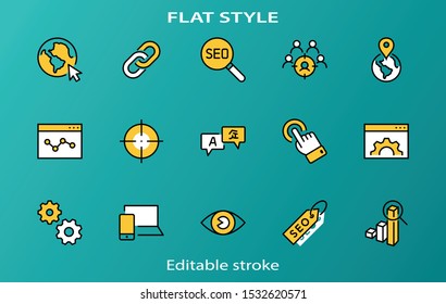 Set of SEO Related Vector Line Icons. Contains such Symbols as Web icon, Eye, Localization, Link,  Traffic, Translate, Performance Tracking, Point and more. Editable Stroke. 32x32 Pixel Perfect.