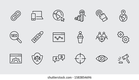 Set of SEO Related Vector Line Icons. Contains such Symbols as Web icon, Eye, Localization, Link,  Traffic, Translate, Performance Tracking, Point and more. Editable Stroke. 32x32 Pixel Perfect