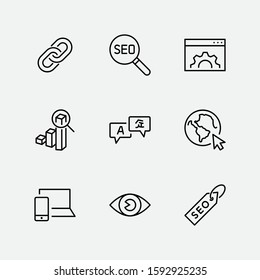 Set Of SEO Related Vector Line Icons. Contains Such Symbols As Web Icon, Eye, Localization, Link, Traffic, Translate, Performance Tracking, Point And More. Editable Stroke. 32x32 Pixel Perfect.