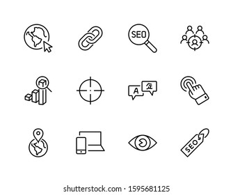 Set of SEO Related Vector Line Icons. Contains such Symbols as Web icon, Eye, Localization, Link, Traffic, Translate, Performance Tracking, Point and more. Editable Stroke. 32x32 Pixel Perfect.