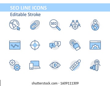 Set of SEO Related Vector Line Icons. Contains such Symbols as Web icon, Eye, Localization, Link, Traffic, Translate, Performance Tracking, Point and more. Editable Stroke. 32x32 Pixel Perfect.