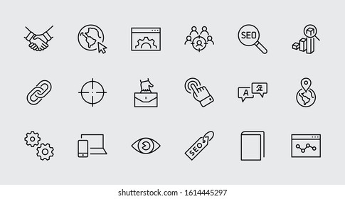 Set Of SEO Related Vector Line Icons. Contains Such Symbols As Web Icon, Eye, Localization, Link, Traffic, Translate, Performance Tracking, Point And More. Editable Stroke. 32x32 Pixel Perfect.