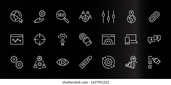 Set of SEO Related Vector Line Icons. Contains such Symbols as Web icon, Eye, Localization, Link, Traffic, Translate, Performance Tracking, Point and more. Editable Stroke. 32x32 Pixels
