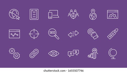 Set of SEO Related Vector Line Icons. Contains such Symbols as Web icon, Eye, Localization, Link,  Traffic, Translate, Performance Tracking, Point and more. Editable Stroke. 32x32 Pixels