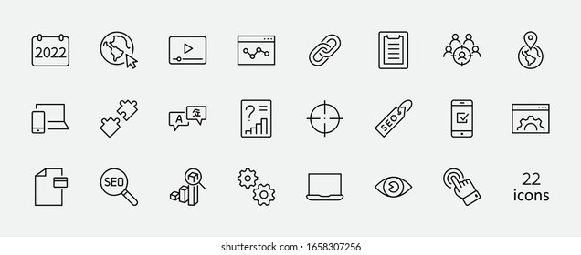 Conjunto de iconos de línea de vectores relacionados con SEO. Contiene símbolos como icono Web, Ojo, Localización, Vínculo, Tráfico, Traducción, Seguimiento de Rendimiento, Punto y más. Trazo editable. 32 x 32 píxeles