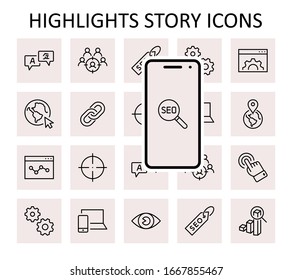 Set of SEO Related Vector Line Icons. Contains such Symbols as Web icon, Eye, Localization, Link, Traffic, Translate, Performance Tracking, Point and more. Editable Stroke. 32x32 Pixels