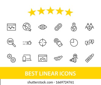 Set of SEO Related Vector Line Icons. Contains such Symbols as Web icon, Eye, Localization, Link, Traffic, Translate, Performance Tracking, Point and more. Editable Stroke. 32x32 Pixels