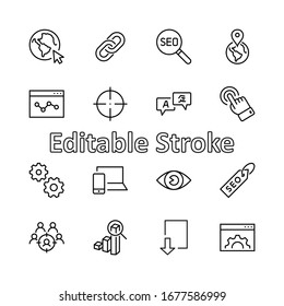 Conjunto de iconos de línea de vectores relacionados con SEO. Contiene símbolos como icono Web, Ojo, Localización, Vínculo, Tráfico, Traducción, Seguimiento de Rendimiento, Punto y más. Trazo editable. 32 x 32 píxeles