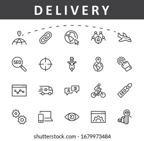 Set of SEO Related Vector Line Icons. Contains such Symbols as Web icon, Eye, Localization, Link, Traffic, Translate, Performance Tracking, Point and more. Editable Stroke. 32x32 Pixels