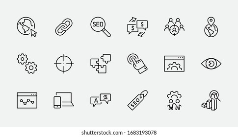 Set von SEO-ähnlichen Vektorillustration-Line-Symbolen. Enthält Symbole wie Web-Icon, Auge, Lokalisierung, Link, Traffic, Translate, Performance Tracking, Point und mehr. Bearbeitbarer Stroke. 32 x 32 Pixel