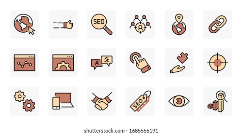 Set of SEO Related Vector Line Icons. Contains such Symbols as Web icon, Eye, Localization, Link, Traffic, Translate, Performance Tracking, Point and more. Editable Stroke. 32x32 Pixel Perfect.
