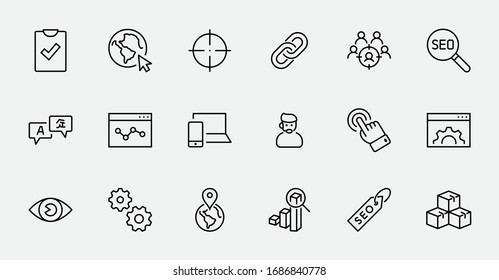Set of SEO Related Vector Line Icons. Contains such Symbols as Web icon, Eye, Localization, Link, Traffic, Translate, Performance Tracking, Point and more. Editable Stroke. 32x32 Pixels