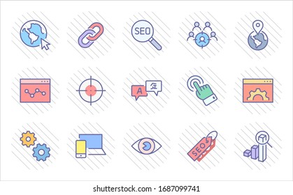 Set of SEO Related Vector Line Icons. Contains such Symbols as Web icon, Eye, Localization, Link, Traffic, Translate, Performance Tracking, Point and more. Editable Stroke. 32x32 Pixel Perfect.