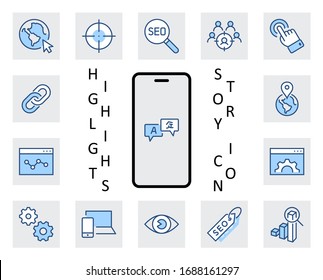 Set of SEO Related Vector Line Icons. Contains such Symbols as Web icon, Eye, Localization, Link, Traffic, Translate, Performance Tracking, Point and more. Editable Stroke. 32x32 Pixel Perfect.