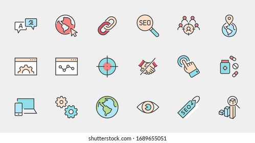 Conjunto de iconos de línea de vectores relacionados con SEO. Contiene símbolos como icono Web, Ojo, Localización, Vínculo, Tráfico, Traducción, Seguimiento de Rendimiento, Punto y más. Trazo editable. 32x32 Pixel Perfecto.