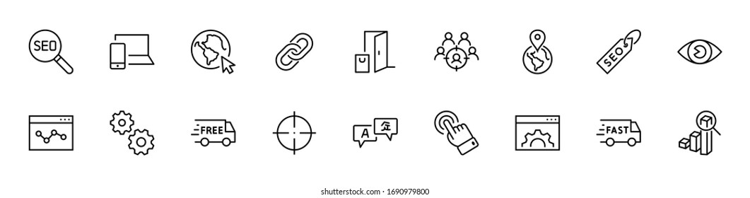 Conjunto de iconos de línea de vectores relacionados con SEO. Contiene símbolos como icono Web, Ojo, Localización, Vínculo, Tráfico, Traducción, Seguimiento de Rendimiento, Punto y más. Trazo editable. 32 x 32 píxeles