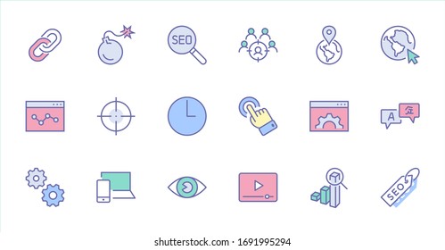Set of SEO Related Vector Line Icons. Contains such Symbols as Web icon, Eye, Localization, Link, Traffic, Translate, Performance Tracking, Point and more. Editable Stroke. 32x32 Pixel Perfect.