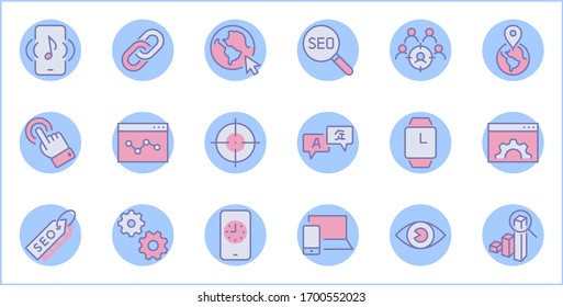 Set of SEO Related Vector Line Icons. Contains such Symbols as Web icon, Eye, Localization, Link, Traffic, Translate, Performance Tracking, Point and more. Editable Stroke. 32x32 Pixel Perfect.