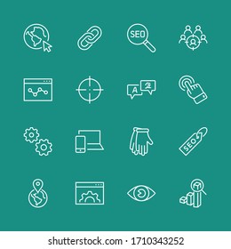 Set of SEO Related Vector Line Icons. Contains such Symbols as Web icon, Eye, Localization, Link, Traffic, Translate, Performance Tracking, Point and more. Editable Stroke. 32x32 Pixels