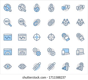Set of SEO Related Vector Line Icons. Contains such Symbols as Web icon, Eye, Localization, Link, Traffic, Translate, Performance Tracking, Point and more. Editable Stroke. 32x32 Pixel Perfect.