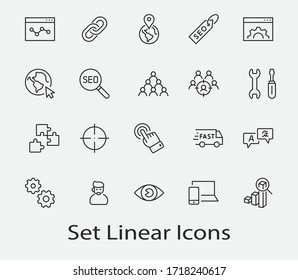 Set of SEO Related Vector Line Icons. Contains such Symbols as Web icon, Eye, Localization, Link,  Traffic, Translate, Performance Tracking, Point and more. Editable Stroke. 32x32 Pixels