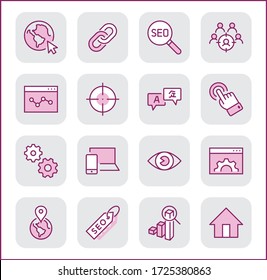 Set of SEO Related Vector Line Icons. Contains such Symbols as Web icon, Eye, Localization, Link, Traffic, Translate, Performance Tracking, Point and more. Editable Stroke. 32x32 Pixel Perfect.