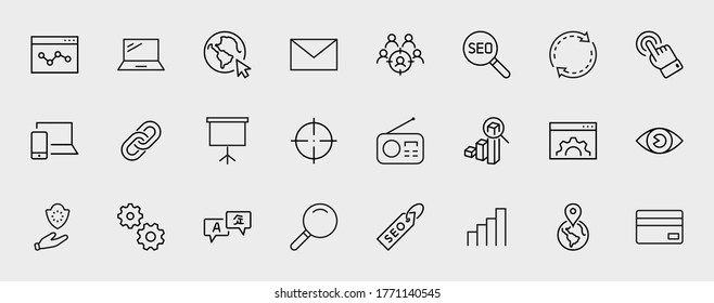 Set Of SEO Related Vector Line Icons. Contains Such Symbols As Web Icon, Eye, Localization, Link, Traffic, Translate, Performance Tracking, Point And More. Editable Stroke. 32x32 Pixels