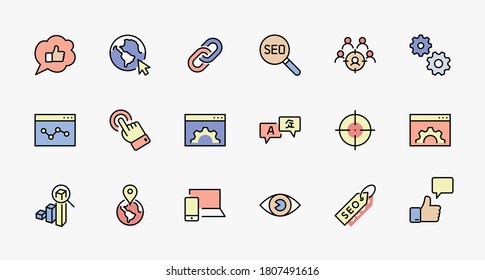 Set of SEO Related Vector Line Icons. Contains such Symbols as Web icon, Eye, Localization, Link, Traffic, Translate, Performance Tracking, Point and more. Editable Stroke. 32x32 Pixel Perfect.