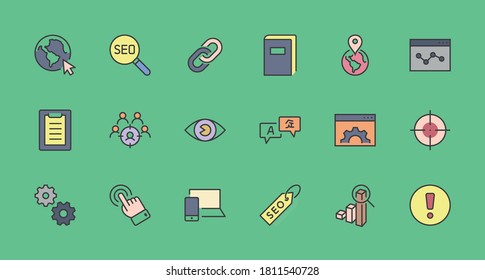 Set of SEO Related Vector Line Icons. Contains such Symbols as Web icon, Eye, Localization, Link, Traffic, Translate, Performance Tracking, Point and more. Editable Stroke. 32x32 Pixel Perfect.