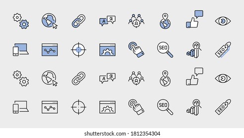 Set of SEO Related Vector Line Icons. Contains such Symbols as Web icon, Eye, Localization, Link, Traffic, Translate, Performance Tracking, Point and more. Editable Stroke. 32x32 Pixel Perfect.