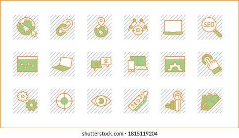 Conjunto de iconos de línea de vectores relacionados con SEO. Contiene símbolos como icono Web, Ojo, Localización, Enlace, Tráfico, Traducción, Seguimiento de rendimiento, Punto y más. Stroke editable. 