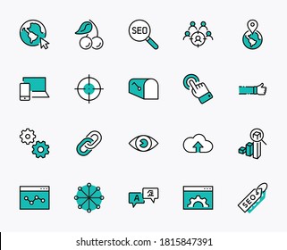 Set of SEO Related Vector Line Icons. Contains such Symbols as Web icon, Eye, Localization, Link, Traffic, Translate, Performance Tracking, Point and more. Editable Stroke. 32x32 Pixel Perfect.
