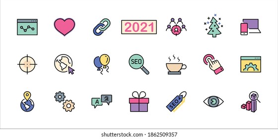 Set of SEO Related Vector Line Icons. Contains such Symbols as Web icon, Eye, Localization, Link, Traffic, Translate, Performance Tracking, Point and more. Editable Stroke.