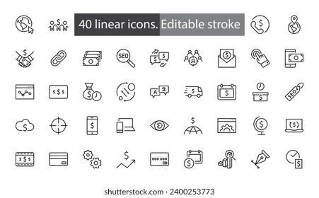 Set of SEO Related Vector Line Icons. Contains such Symbols as Web icon, Eye, Localization, Link,  Traffic, Translate, Performance Tracking, Point and more. Editable Stroke. 32x32 Pixels
