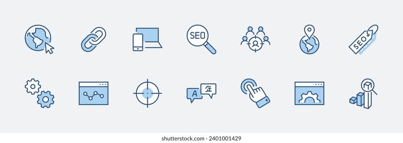 Conjunto de iconos de línea de vectores relacionados con SEO. Contiene símbolos como icono Web, Ojo, Localización, Enlace, Tráfico, Traducción, Seguimiento de rendimiento, Punto y más. Stroke editable. 32x32 Perfecto para píxeles