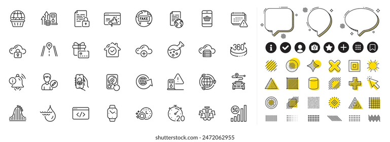 Set of Seo script, Edit person and House security line icons for web app. Design elements, Social media icons. Information bell, Dishwasher timer, Lock icons. Vector