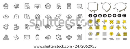 Set of Seo script, Edit person and House security line icons for web app. Design elements, Social media icons. Information bell, Dishwasher timer, Lock icons. Vector