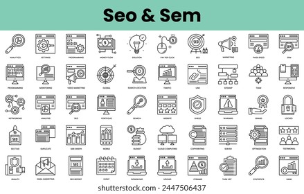 Set of seo and sem icons. Linear style icon bundle. Vector Illustration