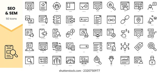 Set of seo and sem Icons. Simple line art style icons pack. Vector illustration