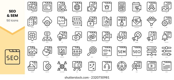 Set von seo und einige Symbole. Paket mit einfachen Kunstsymbolen für Linien. Vektorgrafik