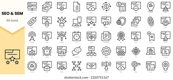 Set of seo and sem Icons. Simple line art style icons pack. Vector illustration