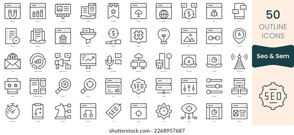 Conjunto de iconos seo y sem. Iconos de estilo lineal delgado Empaquetar. Ilustración vectorial